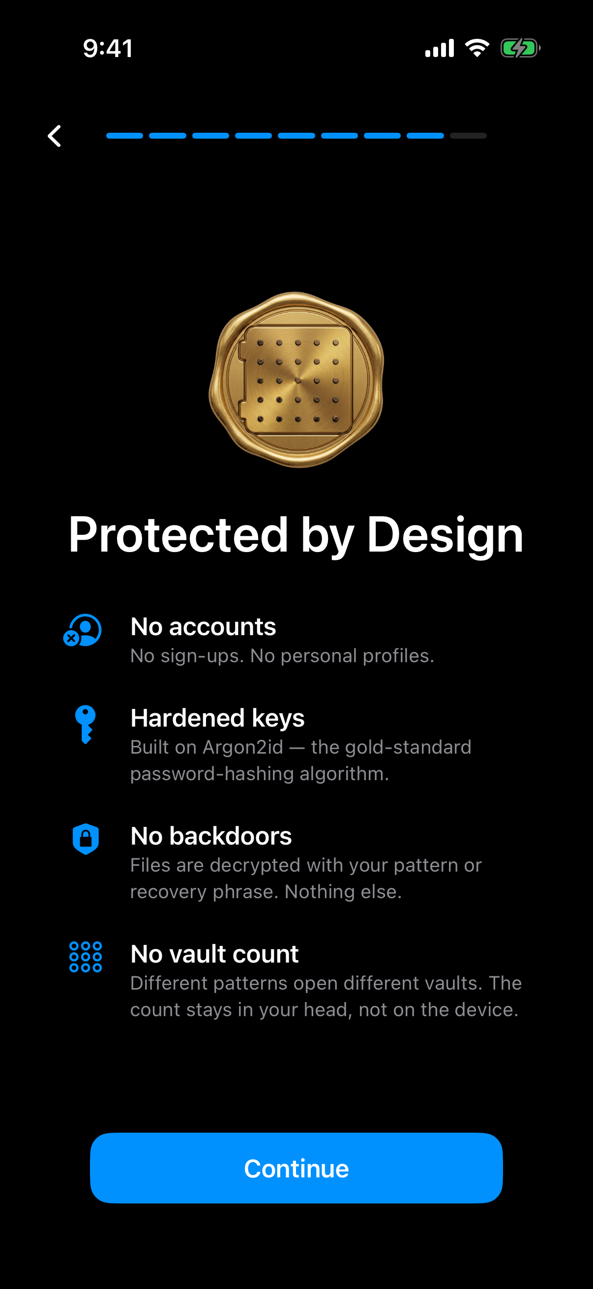 Weave Vault onboarding screen titled Protected by Design: No accounts, Hardened keys (Argon2id), No backdoors, No vault count