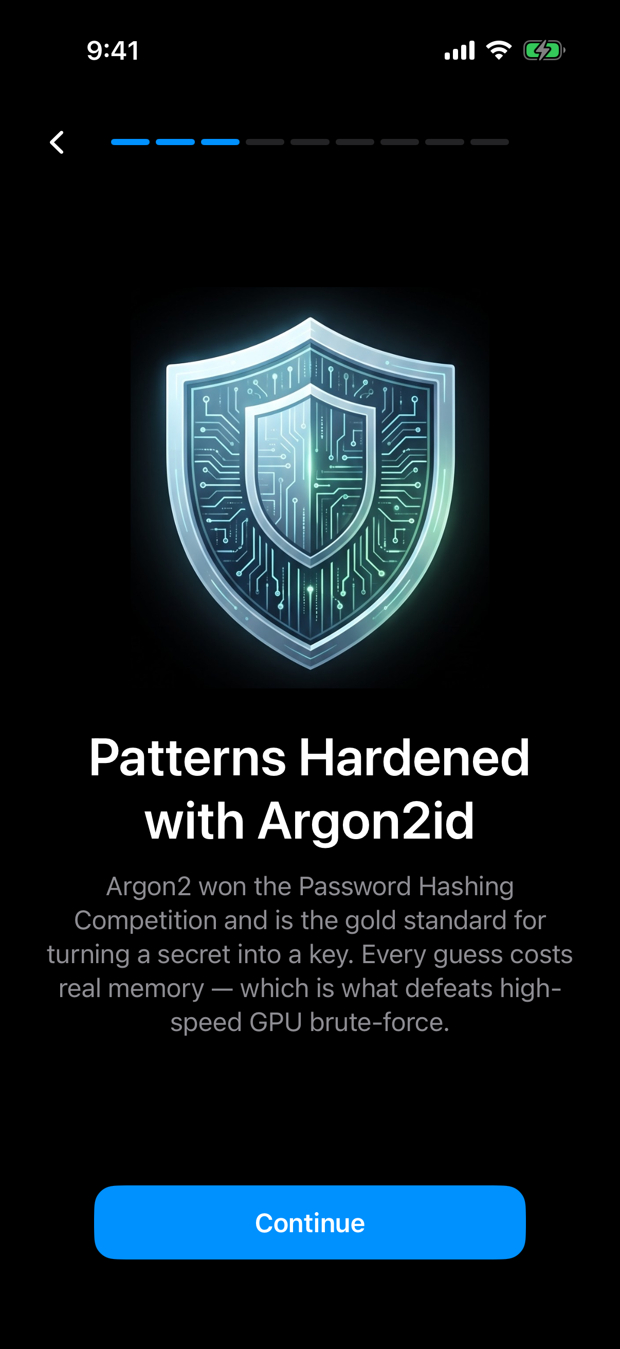 Weave Vault onboarding screen titled Patterns Hardened with Argon2id, with a shield illustration