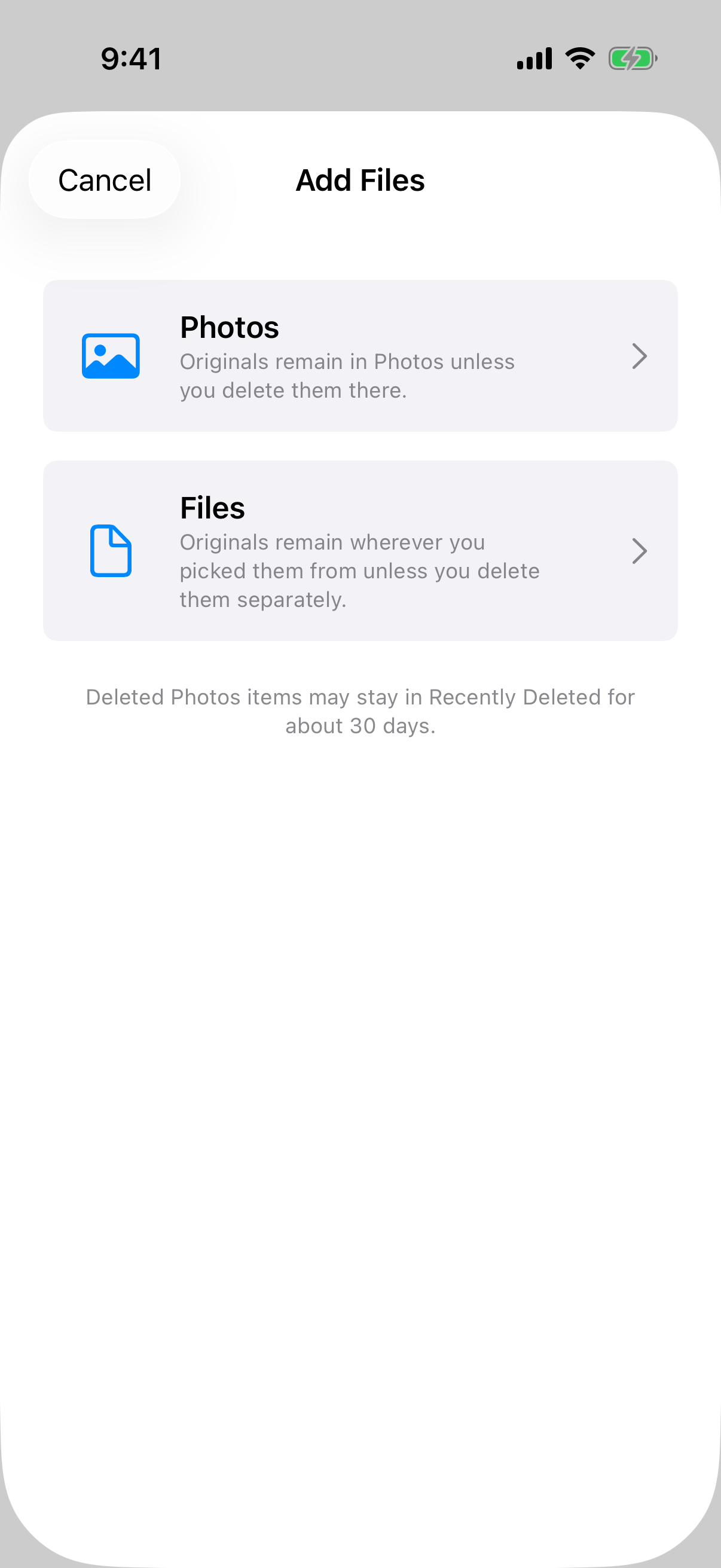 Weave Vault Add Files sheet with Photos or Files as the import source