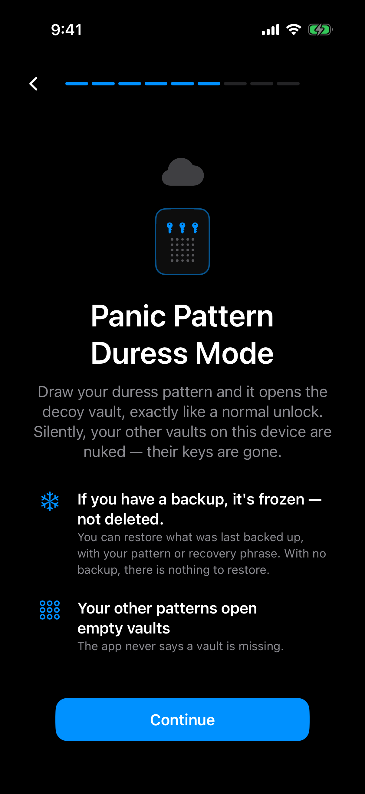 Weave Vault onboarding screen titled Panic Pattern Duress Mode, noting an existing backup is frozen, not deleted