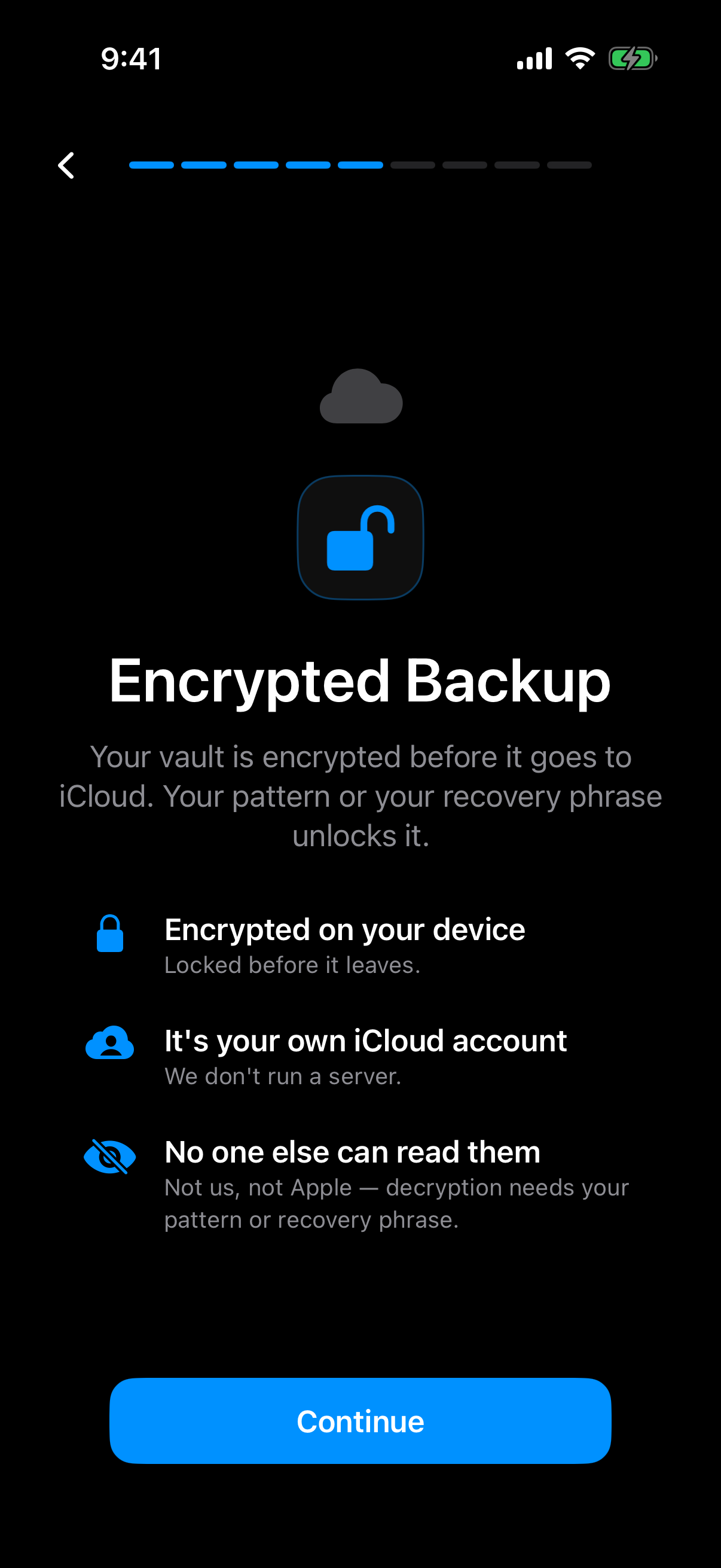 Weave Vault onboarding screen titled Encrypted Backup: encrypted on your device, your own iCloud account, no server