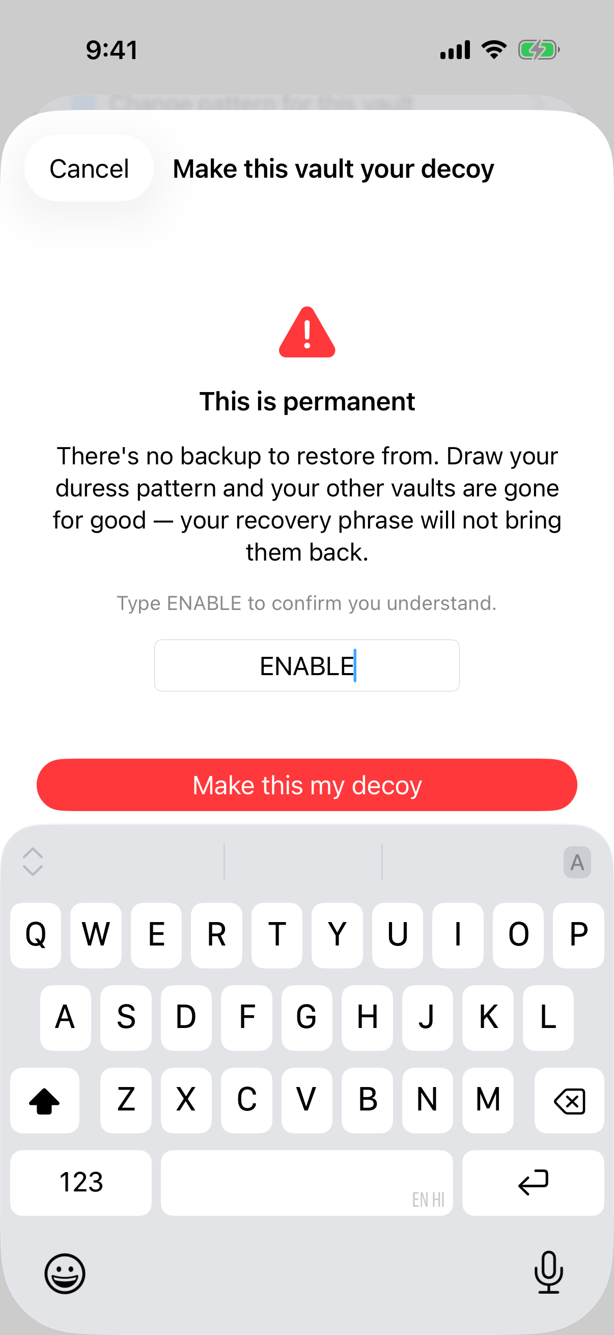Weave Vault duress setup asking the user to type ENABLE to confirm the decoy