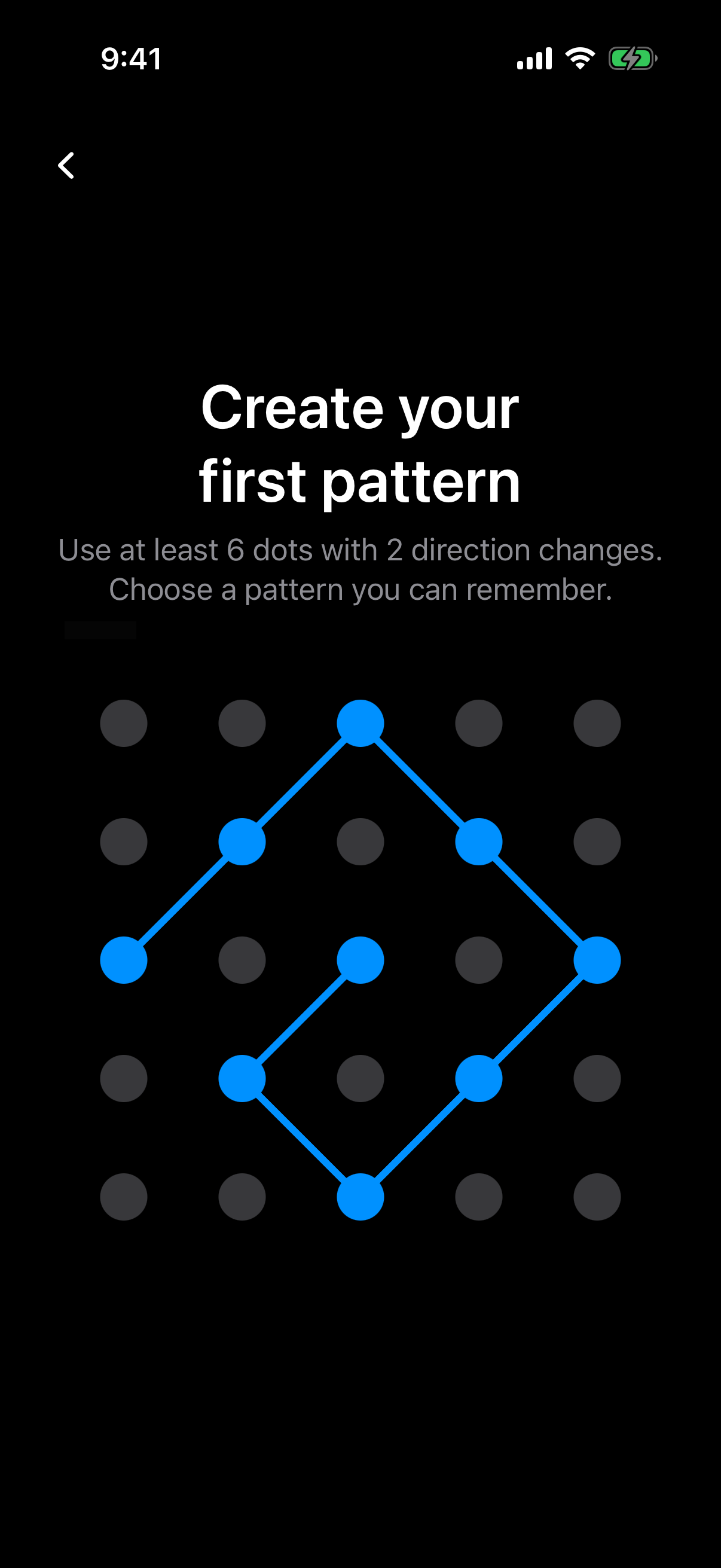 Weave Vault setup screen titled Create your first pattern, with a pattern drawn on a 5x5 dot grid