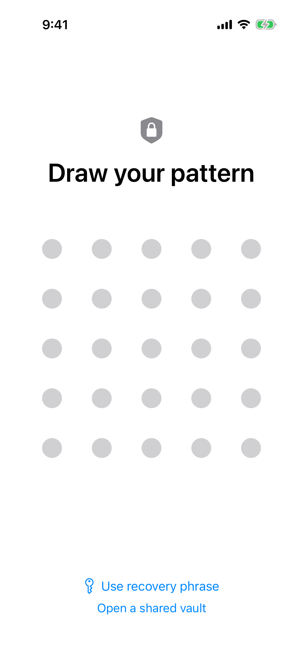 Weave Vault lock screen reading Draw your pattern above an empty 5x5 dot grid, with a Use recovery phrase link