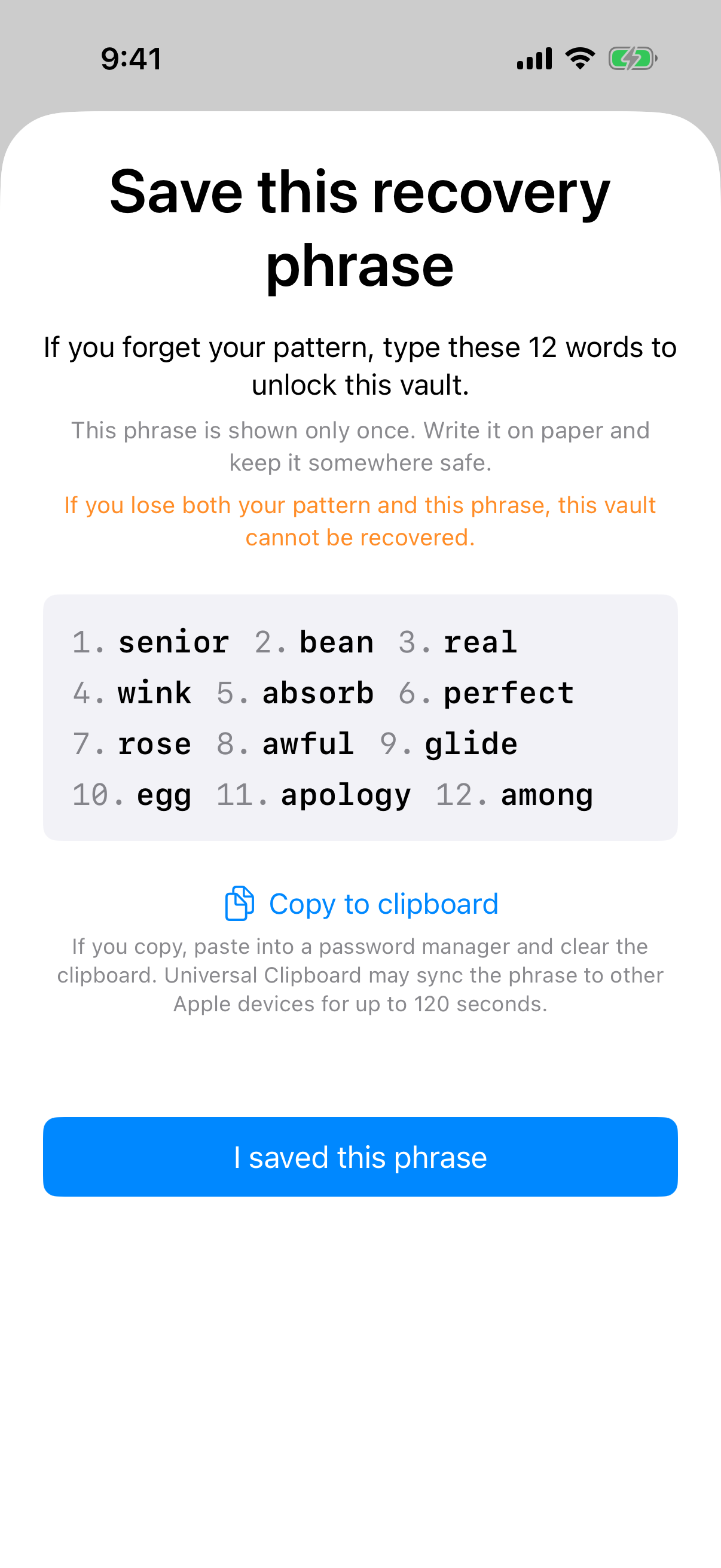 Weave Vault screen titled Save this recovery phrase, showing 12 numbered words shown only once