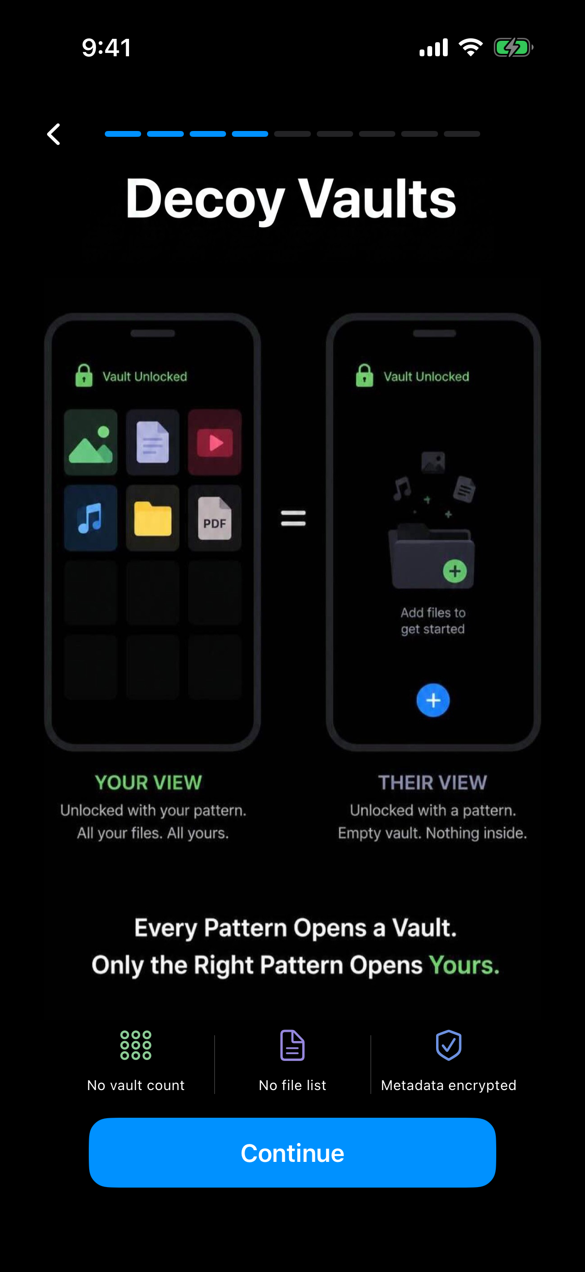 Weave Vault onboarding screen titled Decoy Vaults comparing Your View and Their View, with a No vault count badge