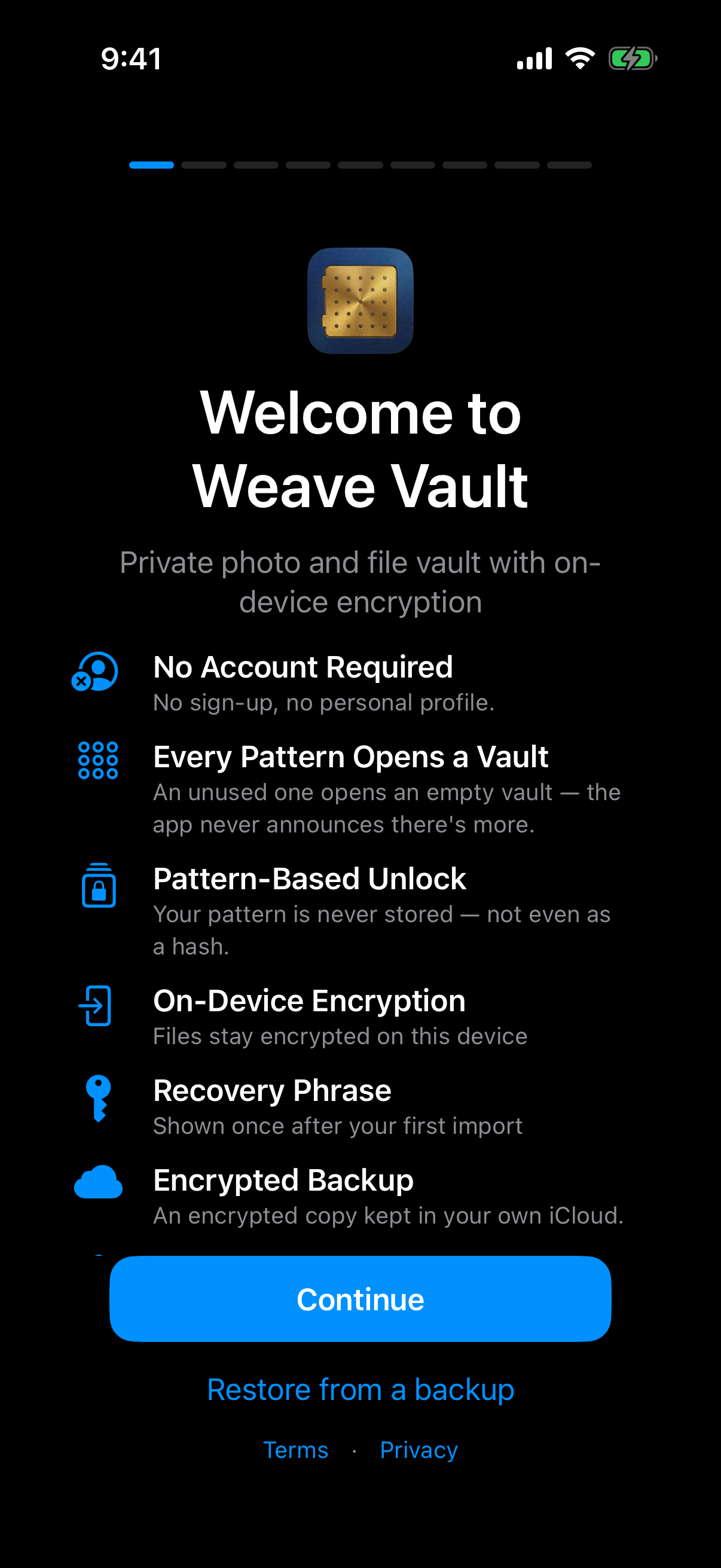 Weave Vault welcome screen listing No Account Required, Pattern-Based Unlock, On-Device Encryption and Recovery Phrase