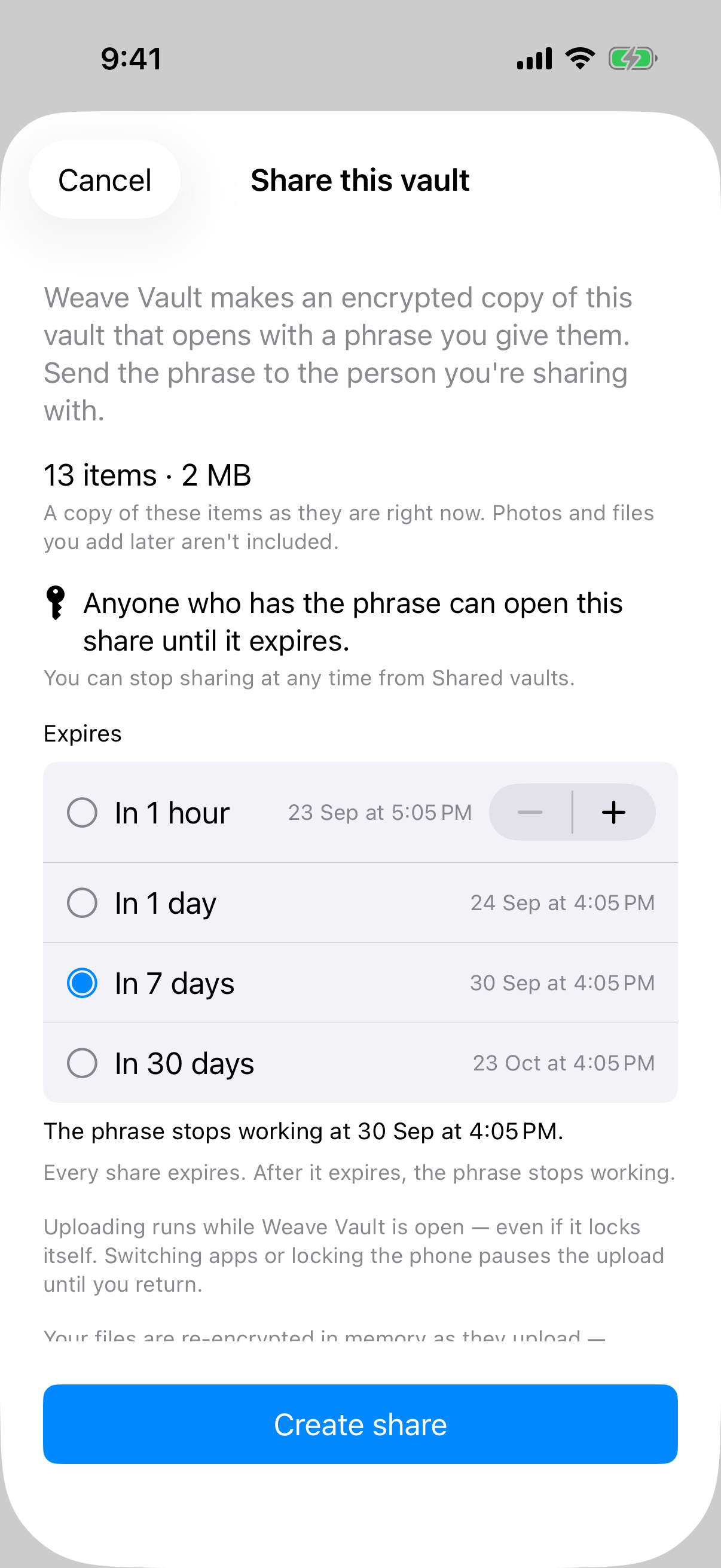 Weave Vault Share this vault sheet with expiry options from 1 hour to 30 days, 7 days selected