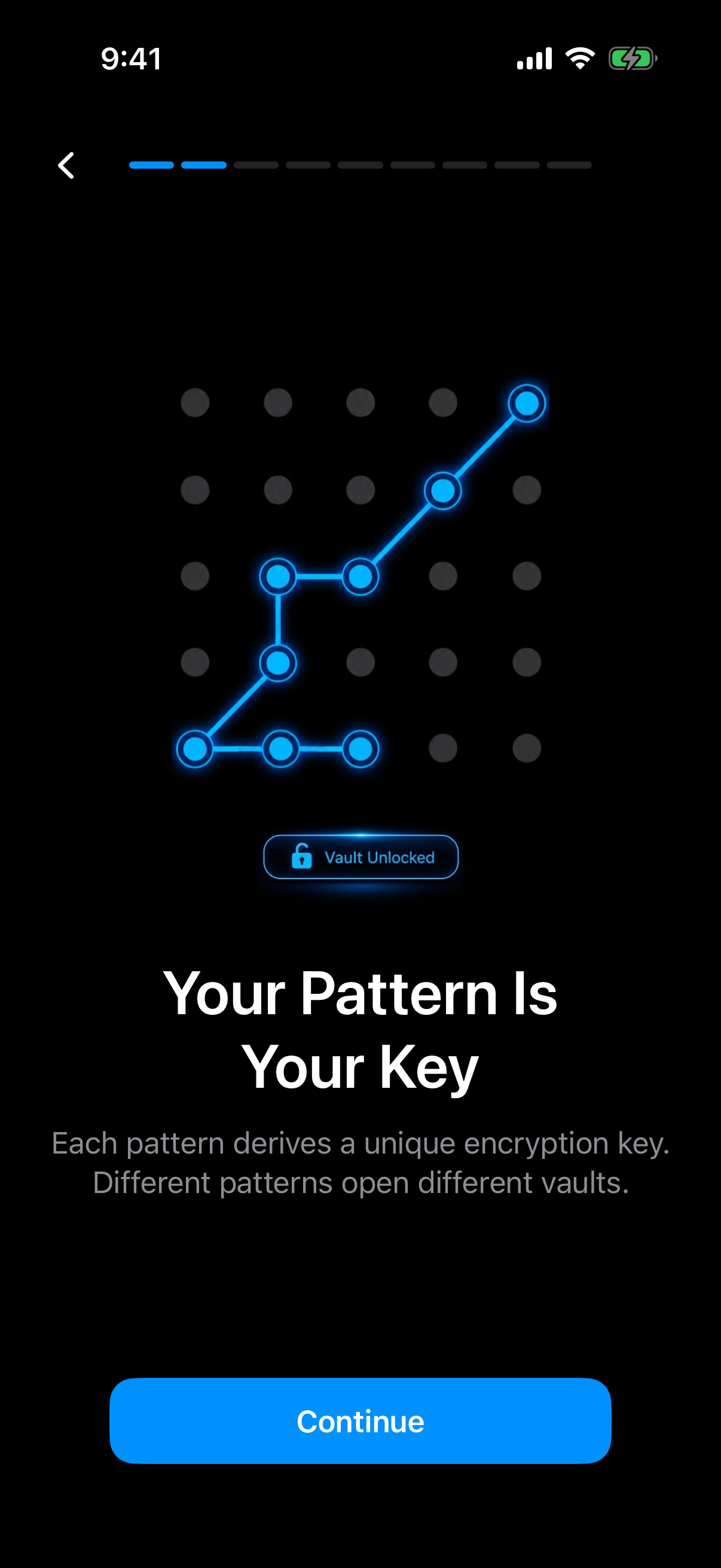 Weave Vault onboarding screen titled Your Pattern Is Your Key, with a glowing pattern and a Vault Unlocked badge
