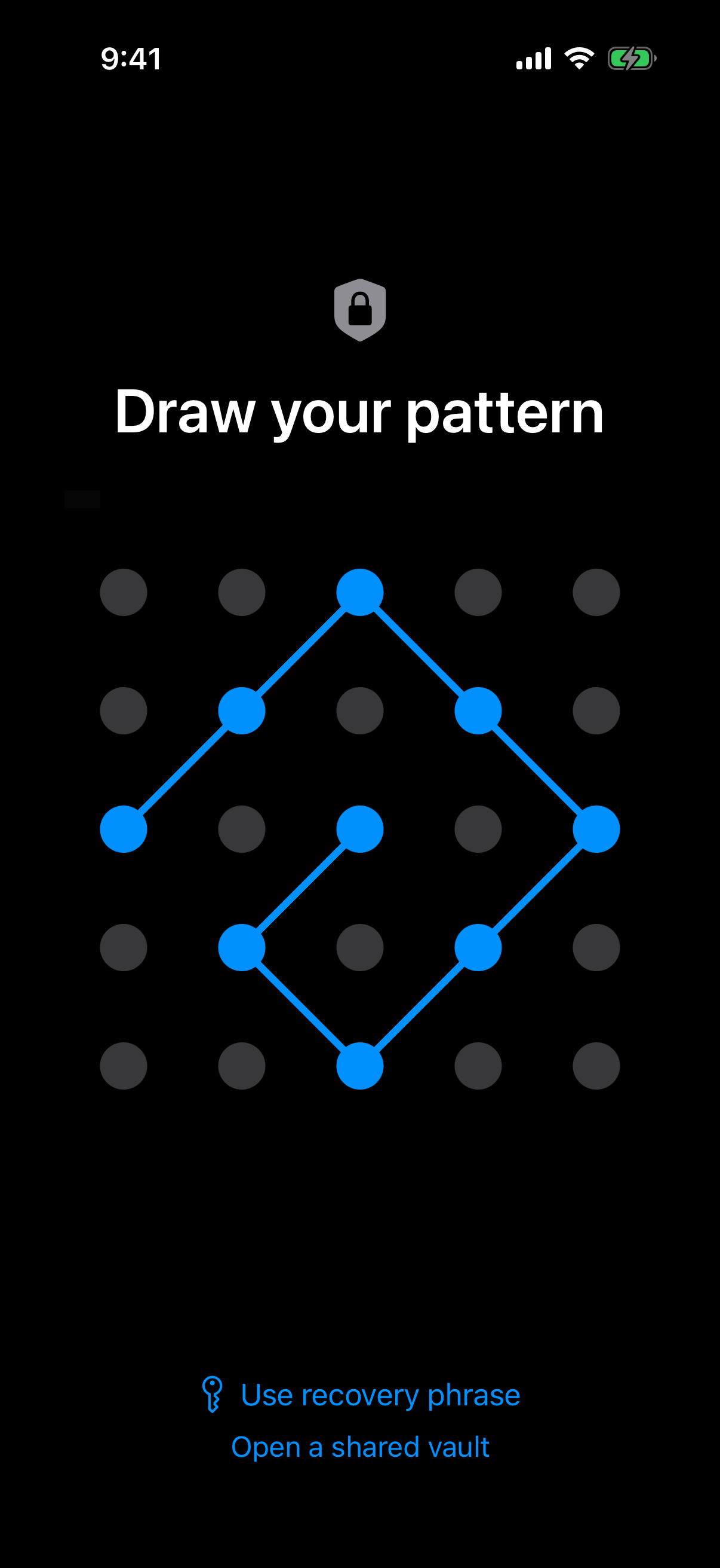 Weave Vault lock screen in dark mode reading Draw your pattern, with a pattern traced on a 5x5 dot grid