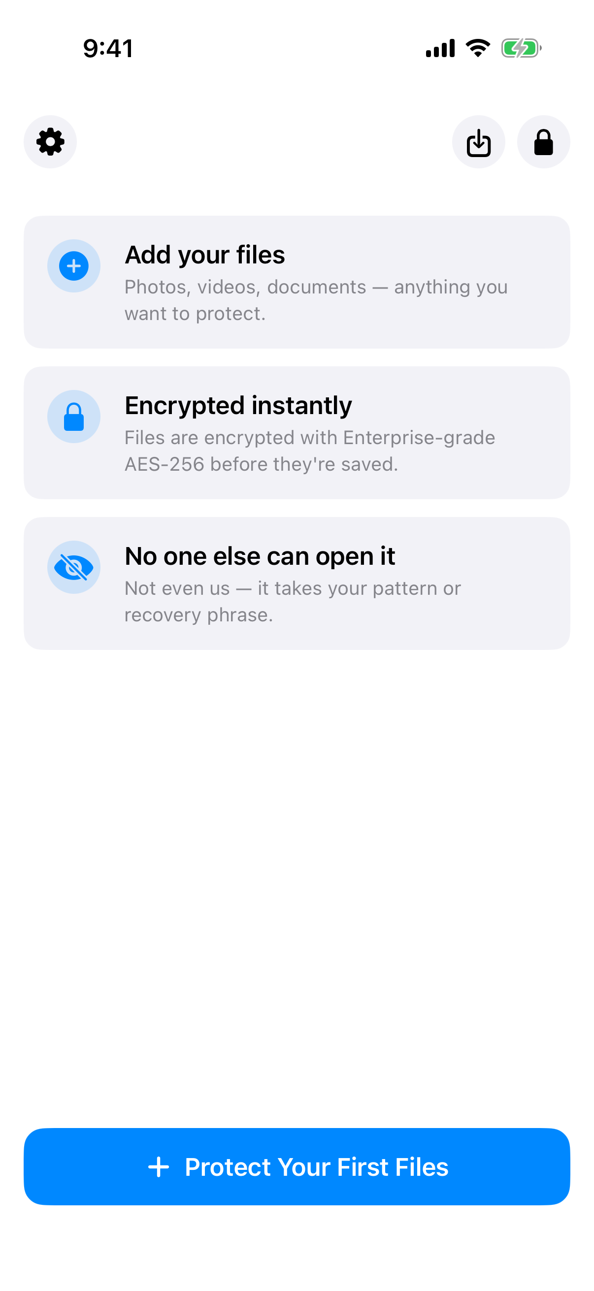 Weave Vault empty vault screen with a Protect Your First Files button