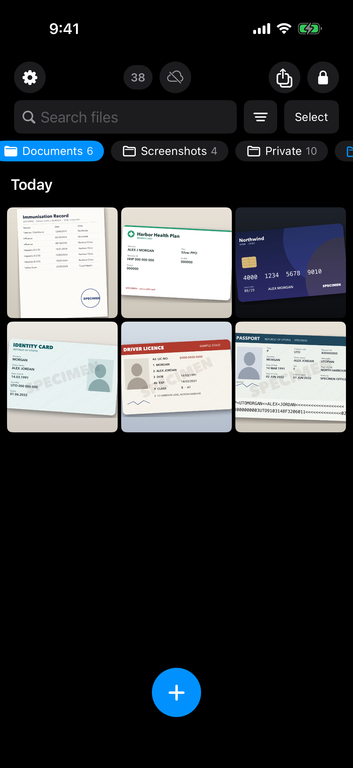 Weave Vault Documents folder holding sample ID documents: a passport, driver licence, identity card and bank card