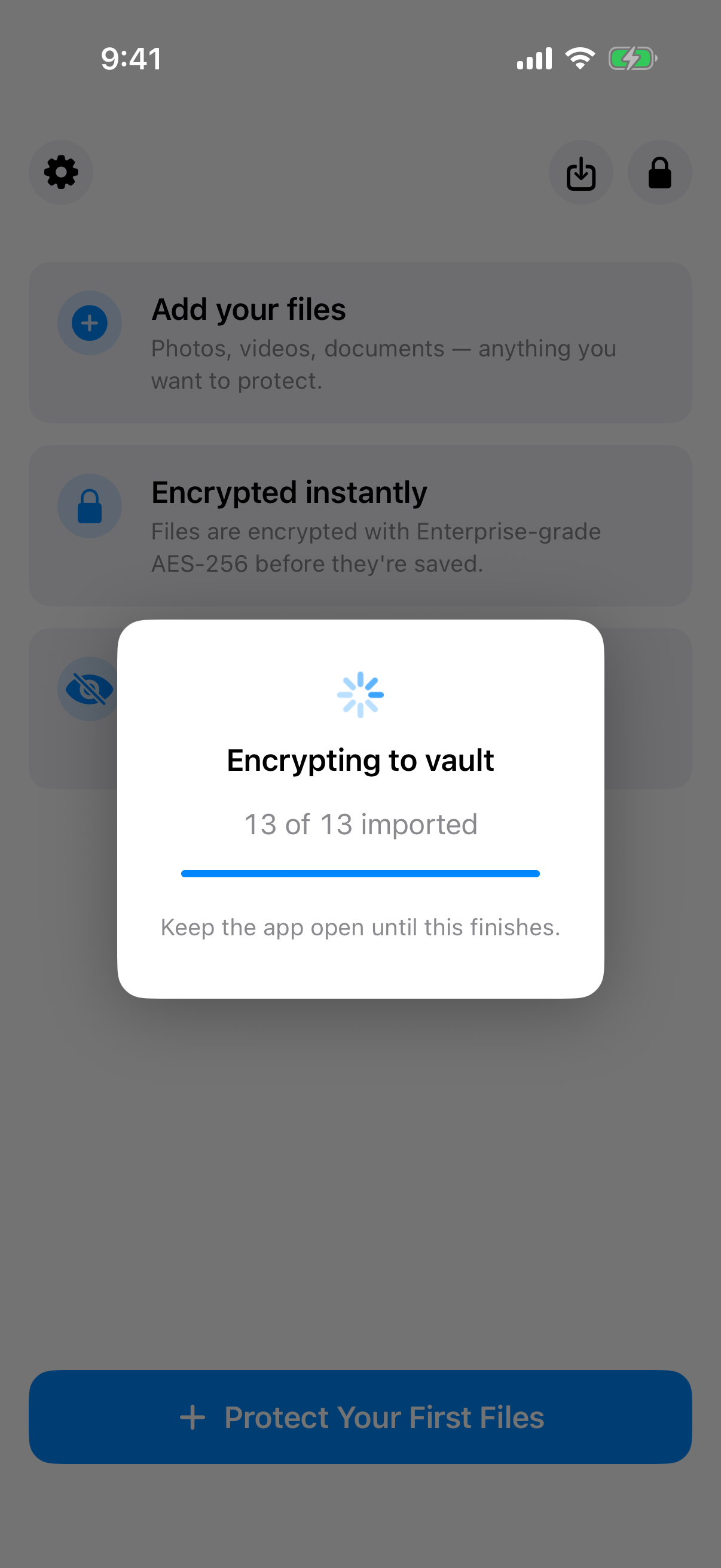 Weave Vault Encrypting to vault dialog showing 13 of 13 photos imported