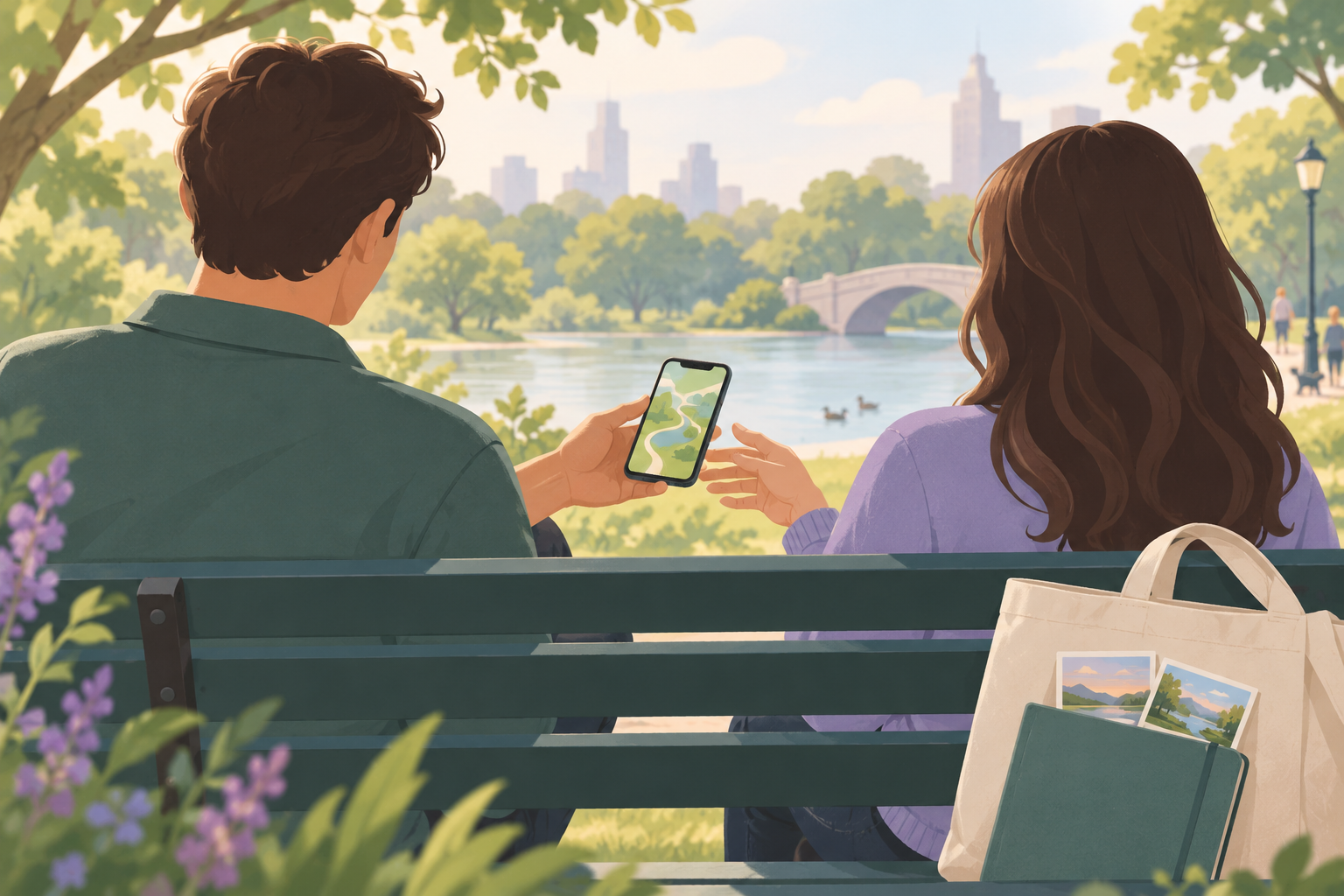 Illustration of someone handing their iPhone to a child to play a game, with a separate locked vault icon showing their private photos are stored safely out of view.