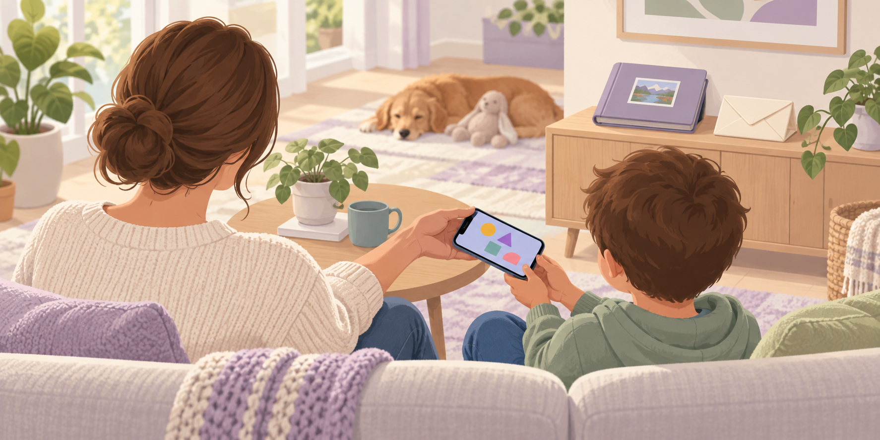 Illustration of a parent handing an iPhone to a child while sensitive photos stay locked behind a separate pattern-secured vault app.