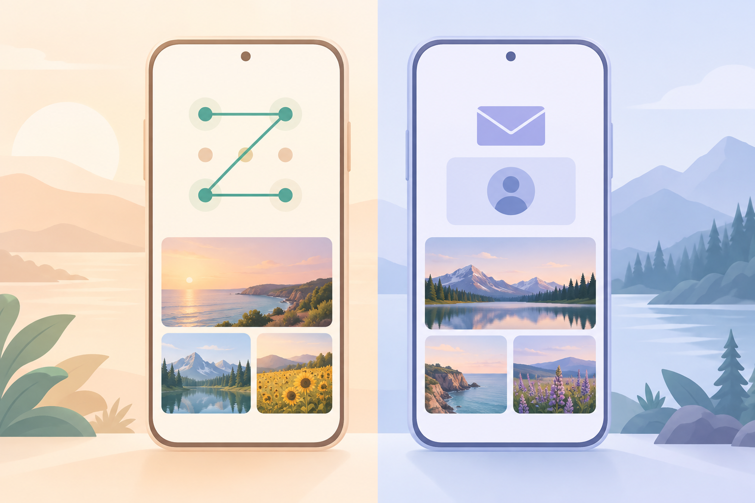 Editorial illustration: a pattern-unlock screen next to a traditional login screen.