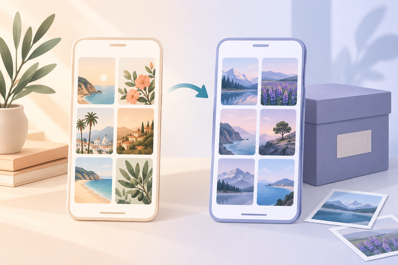 Editorial illustration contrasting a no-account photo vault unlock screen with a discontinued stock-ticker app icon.