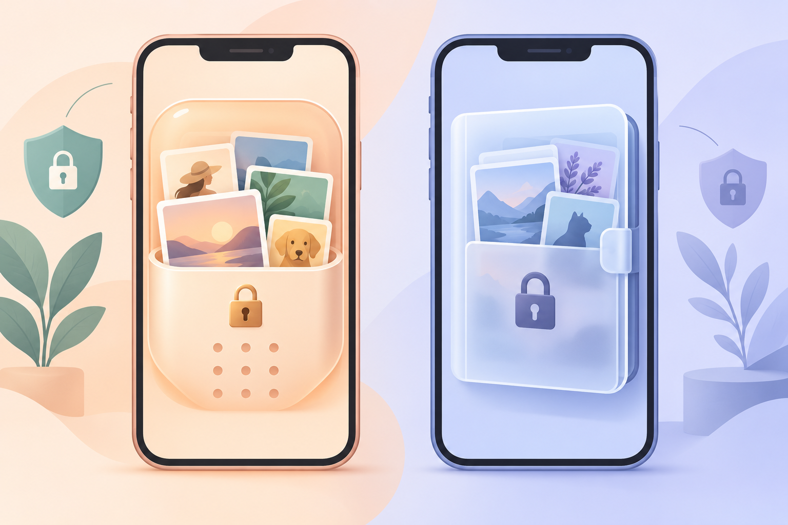 Editorial illustration: a photo grid with a hidden album on one side and an encrypted vault with a pattern lock on the other.