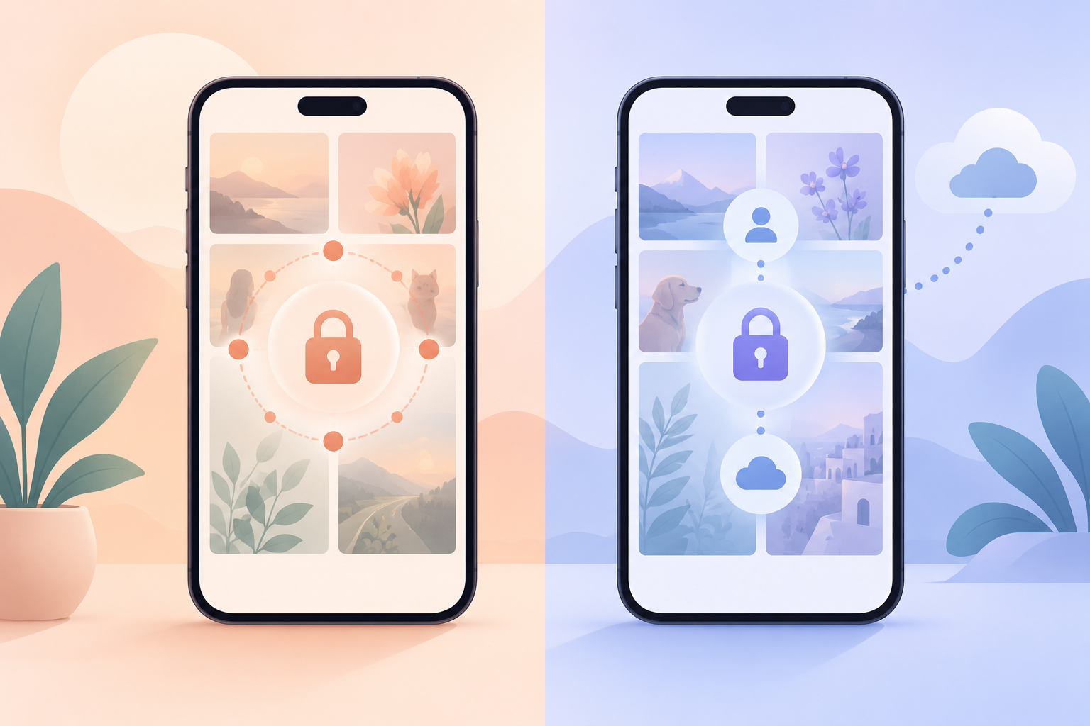 Editorial illustration: side-by-side comparison of two vault apps, one with a pattern lock and no account.